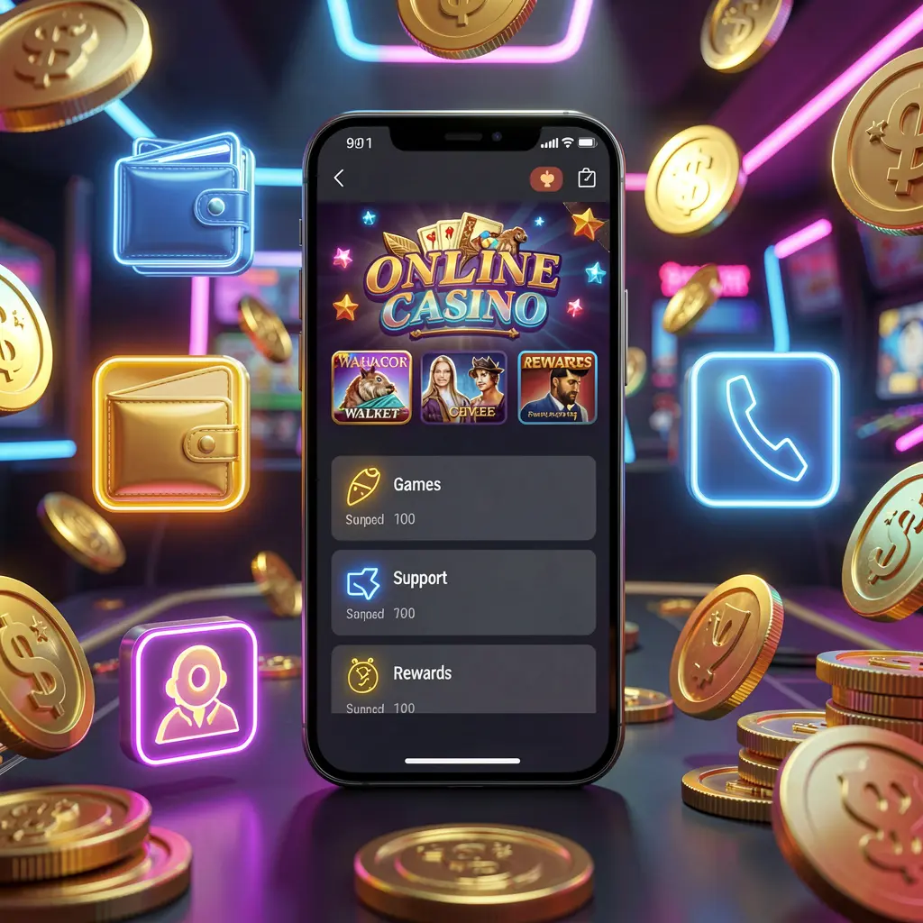 JYJLL online casino app features displayed on a smartphone surrounded by icons for wallet, games, support, and rewards with golden coins and neon lights in a luxury 3D render