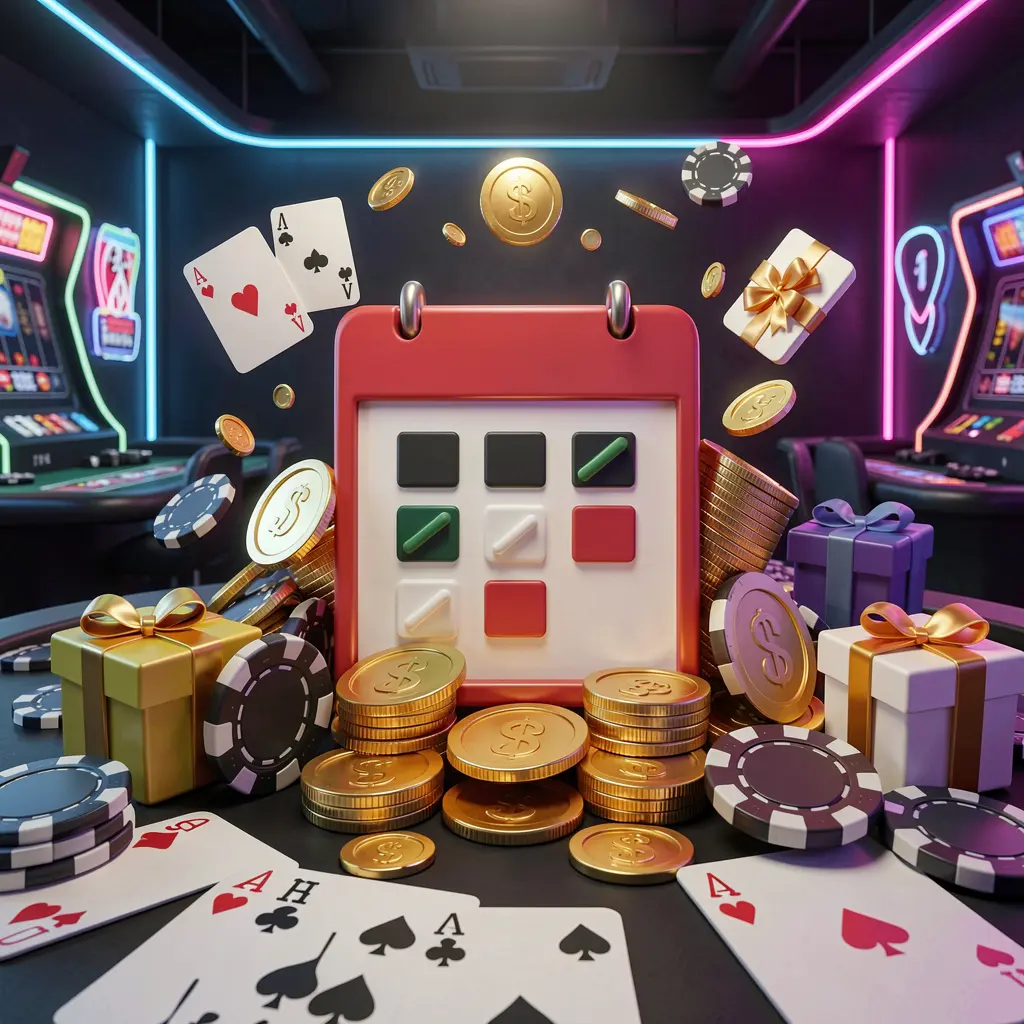 JYJLL weekly online casino bonus concept featuring a calendar icon surrounded by golden coins, gift boxes, poker chips, and playing cards in a festive casino atmosphere with neon lights on a dark modern background