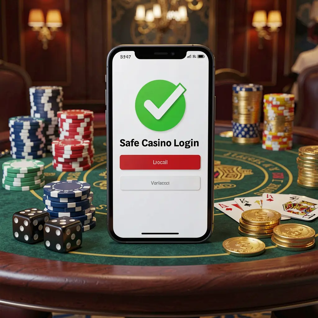 JYJLL safe casino login concept showing a smartphone with verification checkmark icon surrounded by chips, cards, dice, and golden coins on an elegant luxury casino table in a 3D realistic render