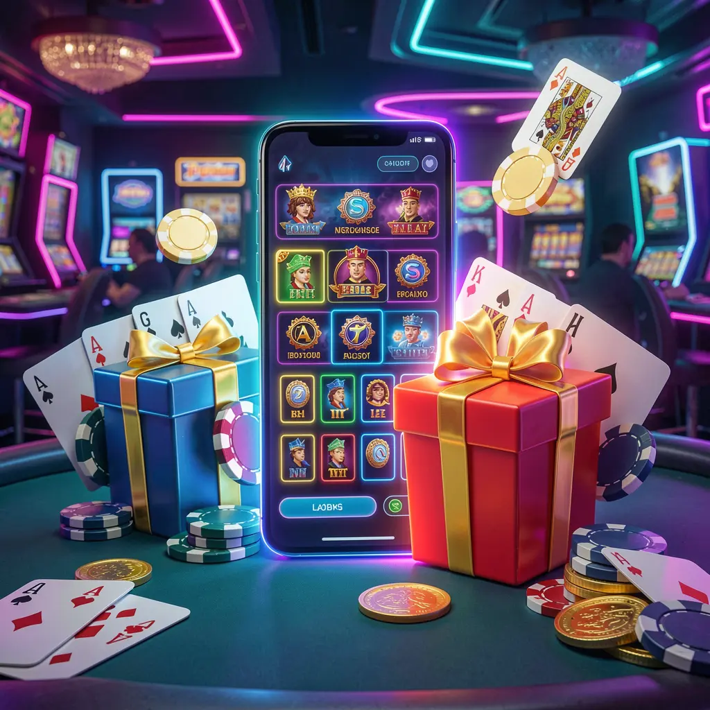 Modern casino website hero scene featuring a smartphone with glowing interface surrounded by bonus gift box, chips, coins, and playing cards in a premium neon casino style, showcasing JYJLL's responsible gaming experience